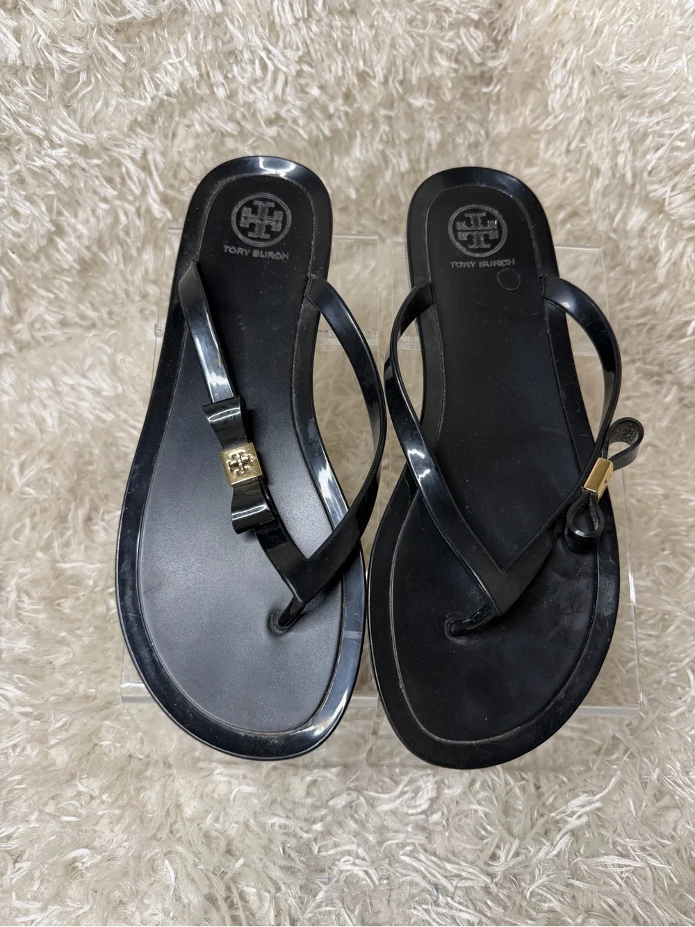 Tory Burch Black Jelly Bow Thong Sandals with Gold Logo Accent